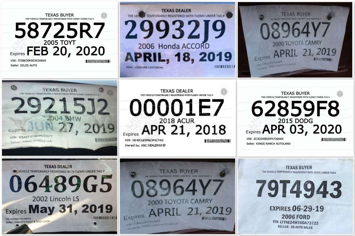 Nine (9) photos of temporary license plates
